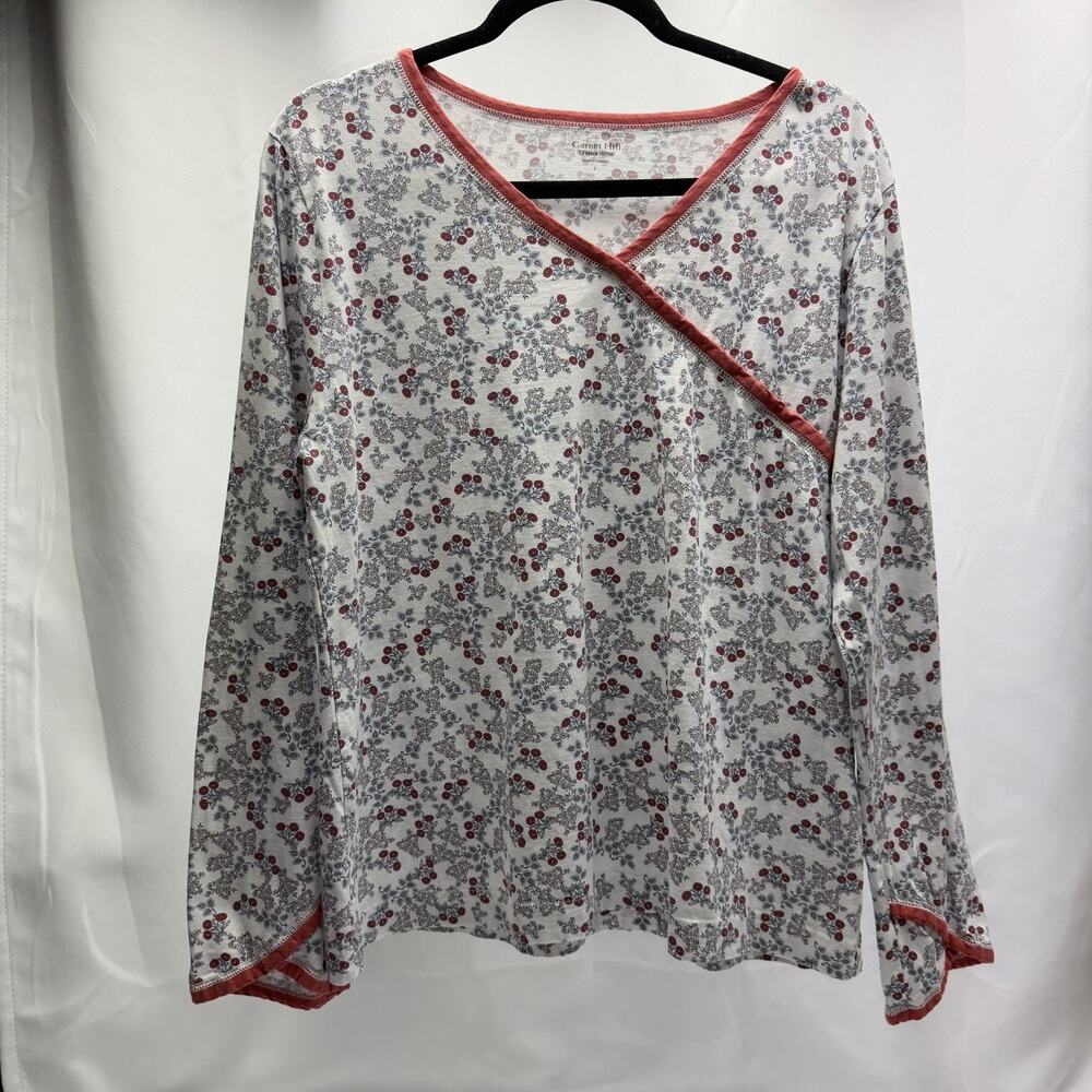 Garnet Hill Green Cotton Faux Wrap Top Women's Large Floral Berry Long Sleeve